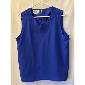 VTG Silk Land Women's Blue Silk Tank Blouse Size L Scallop Neck Embroidered